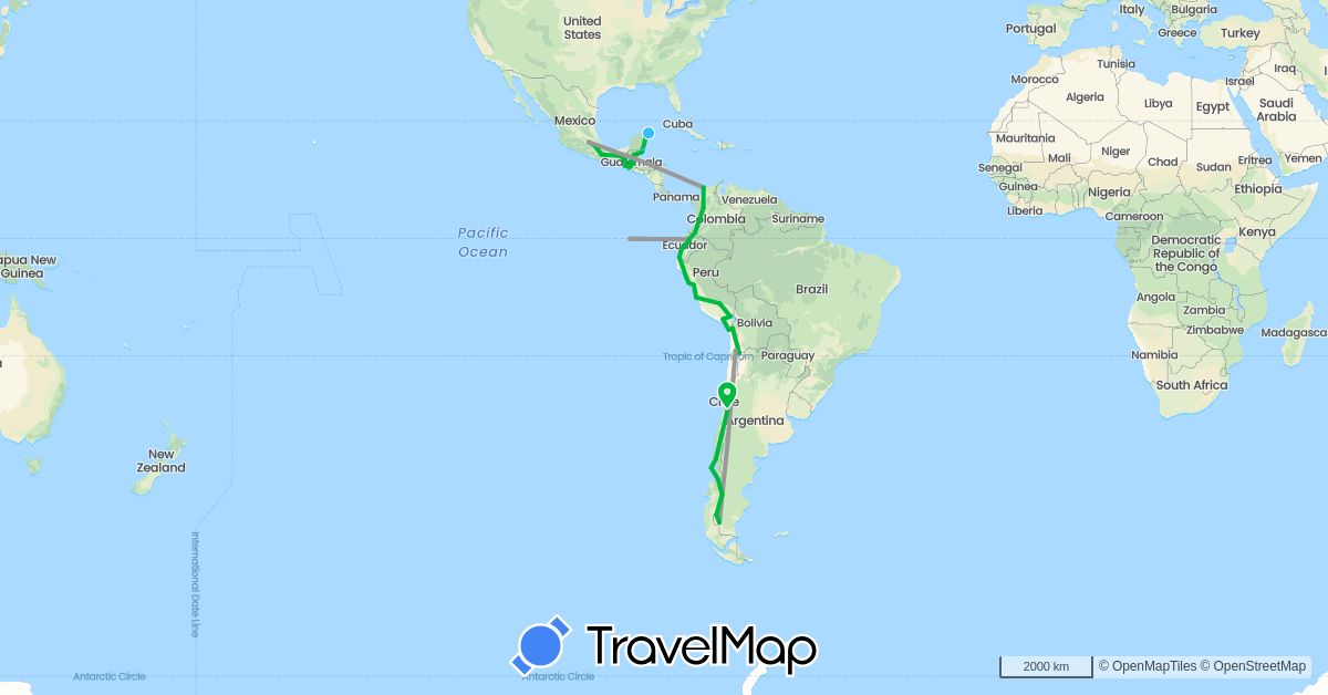 TravelMap itinerary: driving, bus, plane, boat in Argentina, Belize, Chile, Colombia, Ecuador, Guatemala, Mexico, Peru (North America, South America)